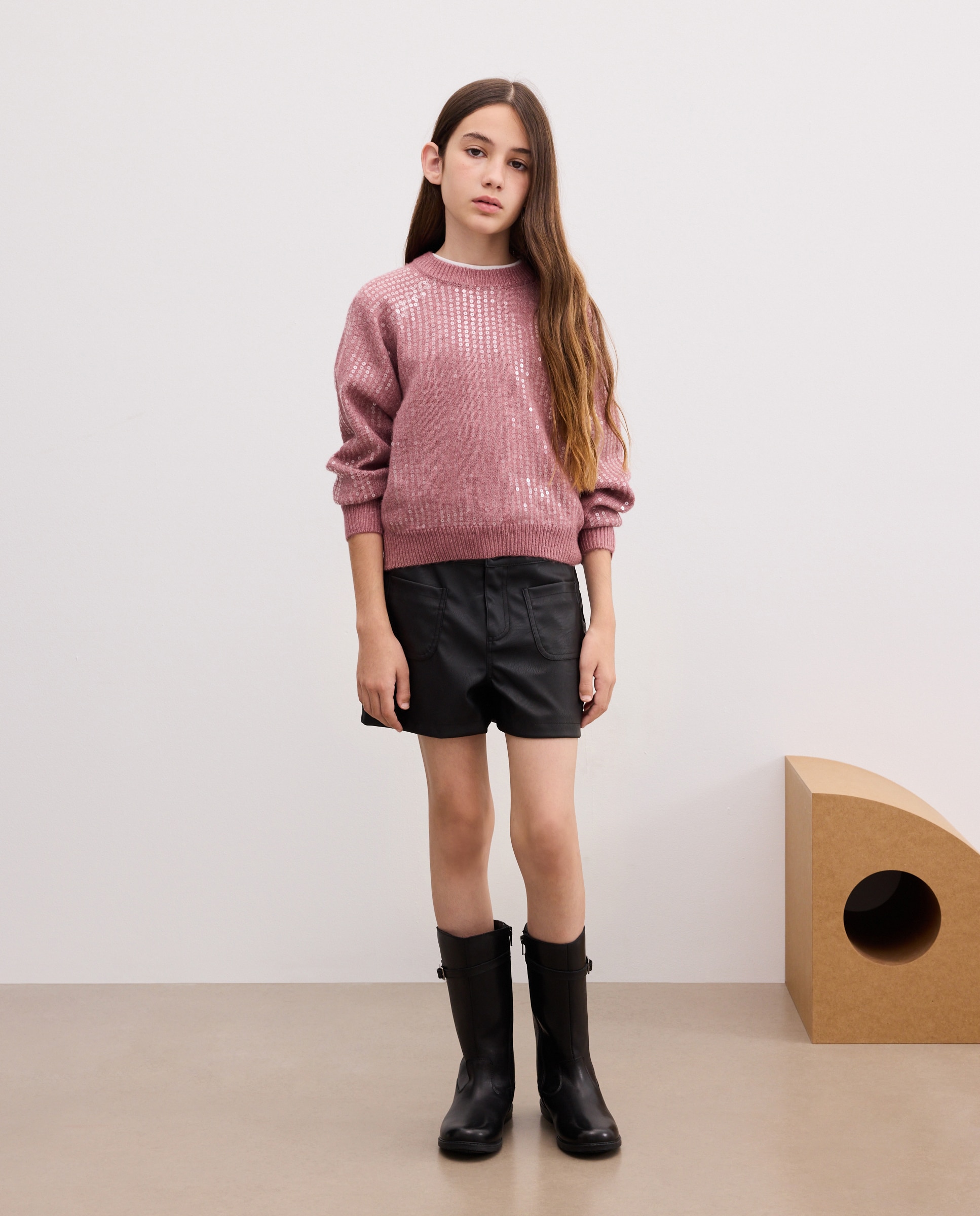 Camisola de Malha Lisa com Decote Redondo e Lantejoulas Bordeaux-2
