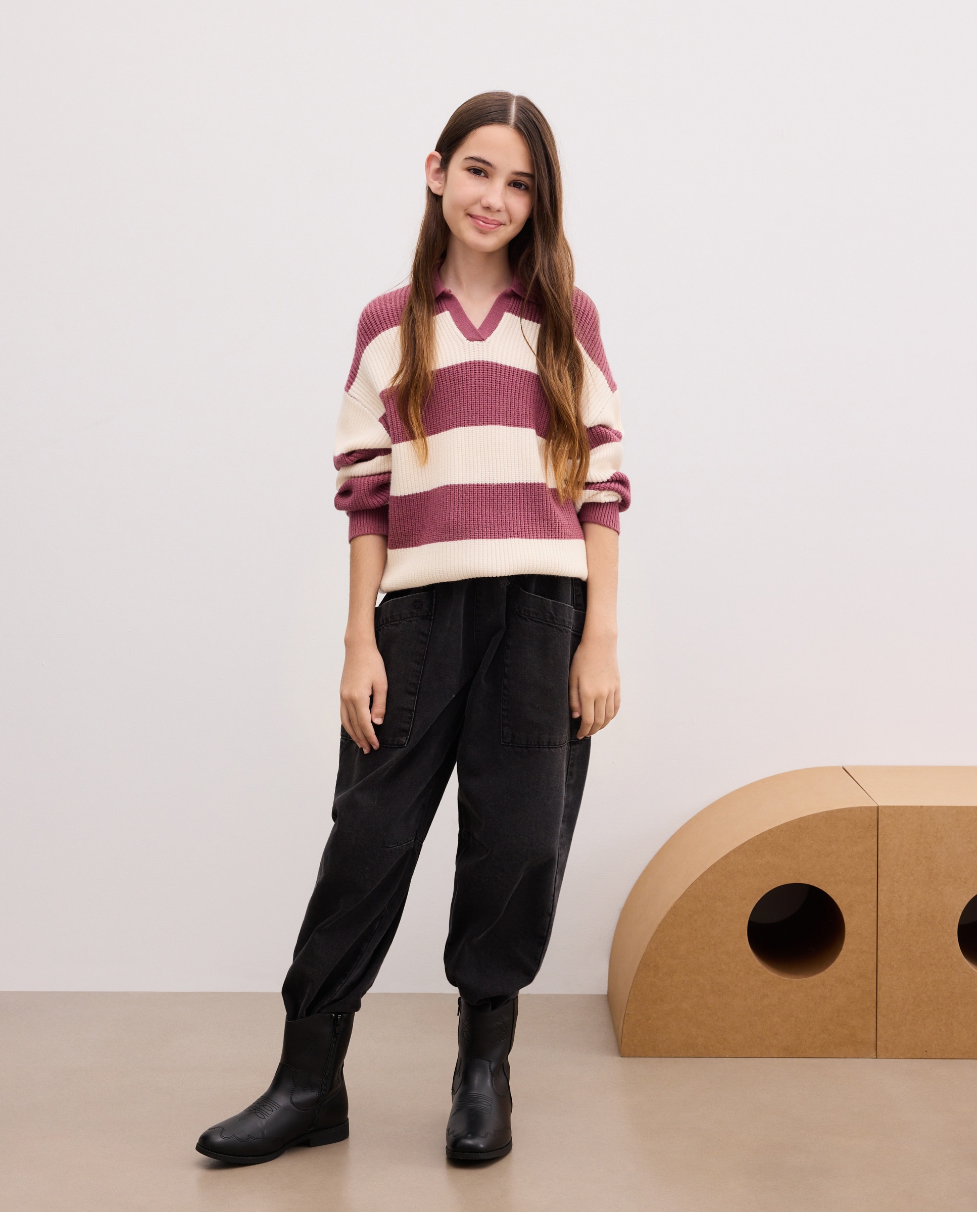 Camisola de Malha com Risca Bicolor e Decote Redondo Rosa-2