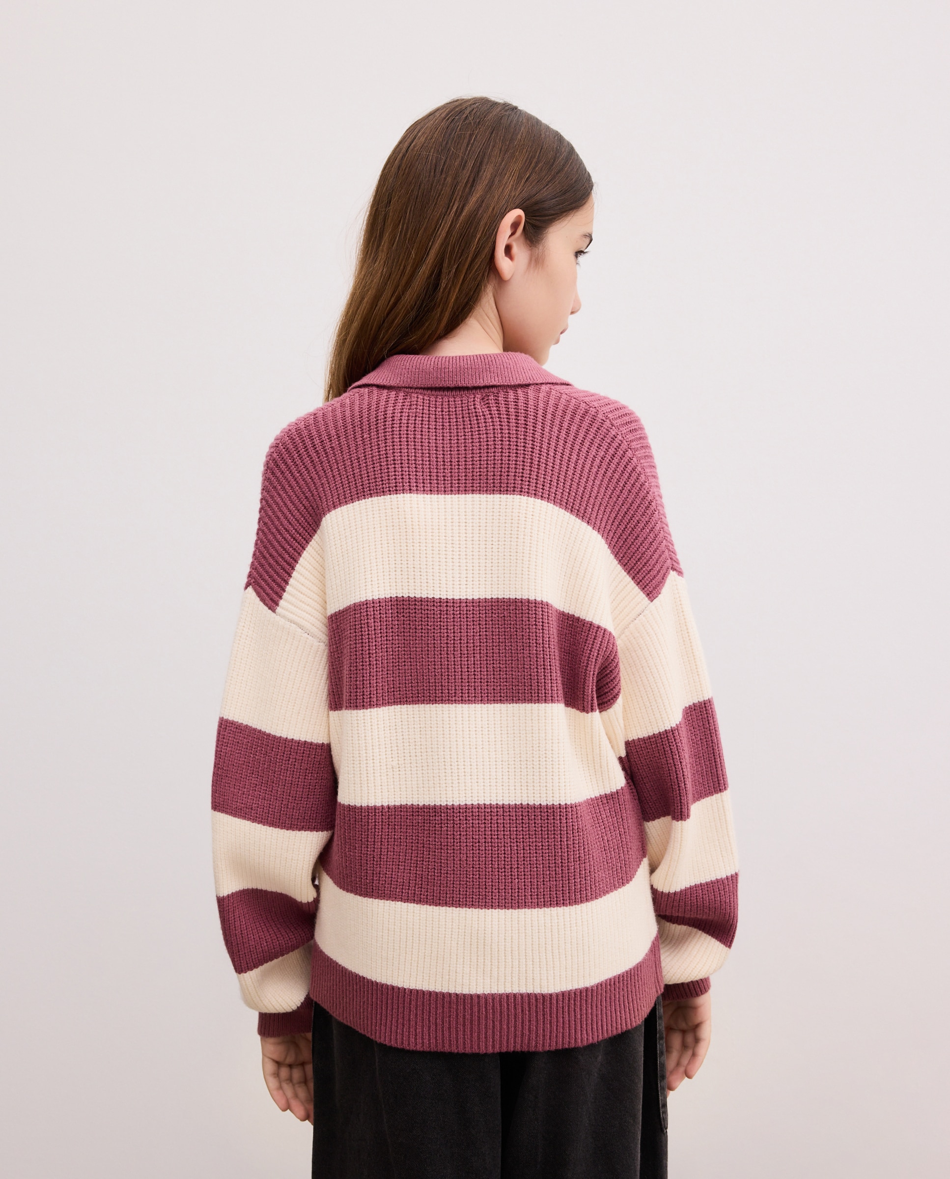 Camisola de Malha com Risca Bicolor e Decote Redondo Rosa-3