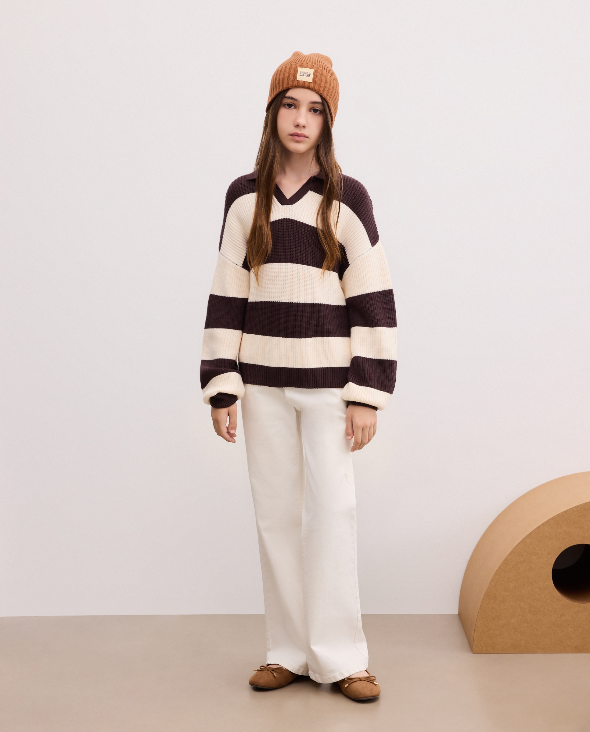Camisola de Malha com Risca Bicolor e Colarinho de Polo Castanho-2