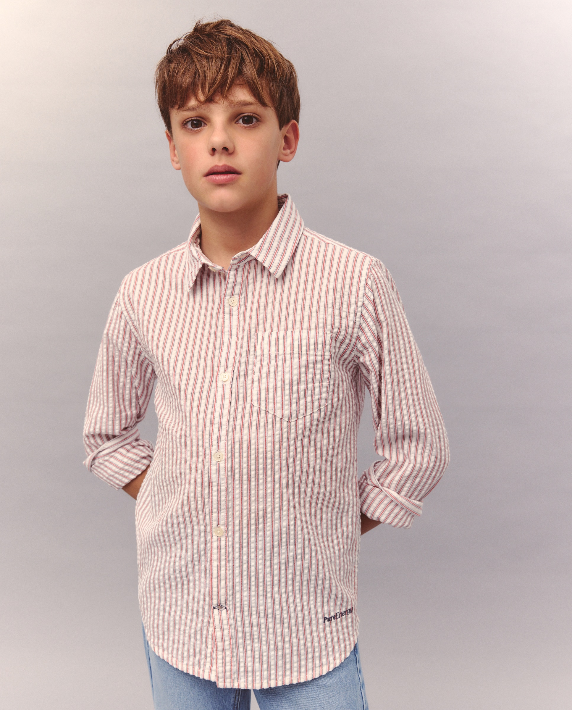 Camisa de Manga Comprida com Risca de Seersucker Vermelho-2