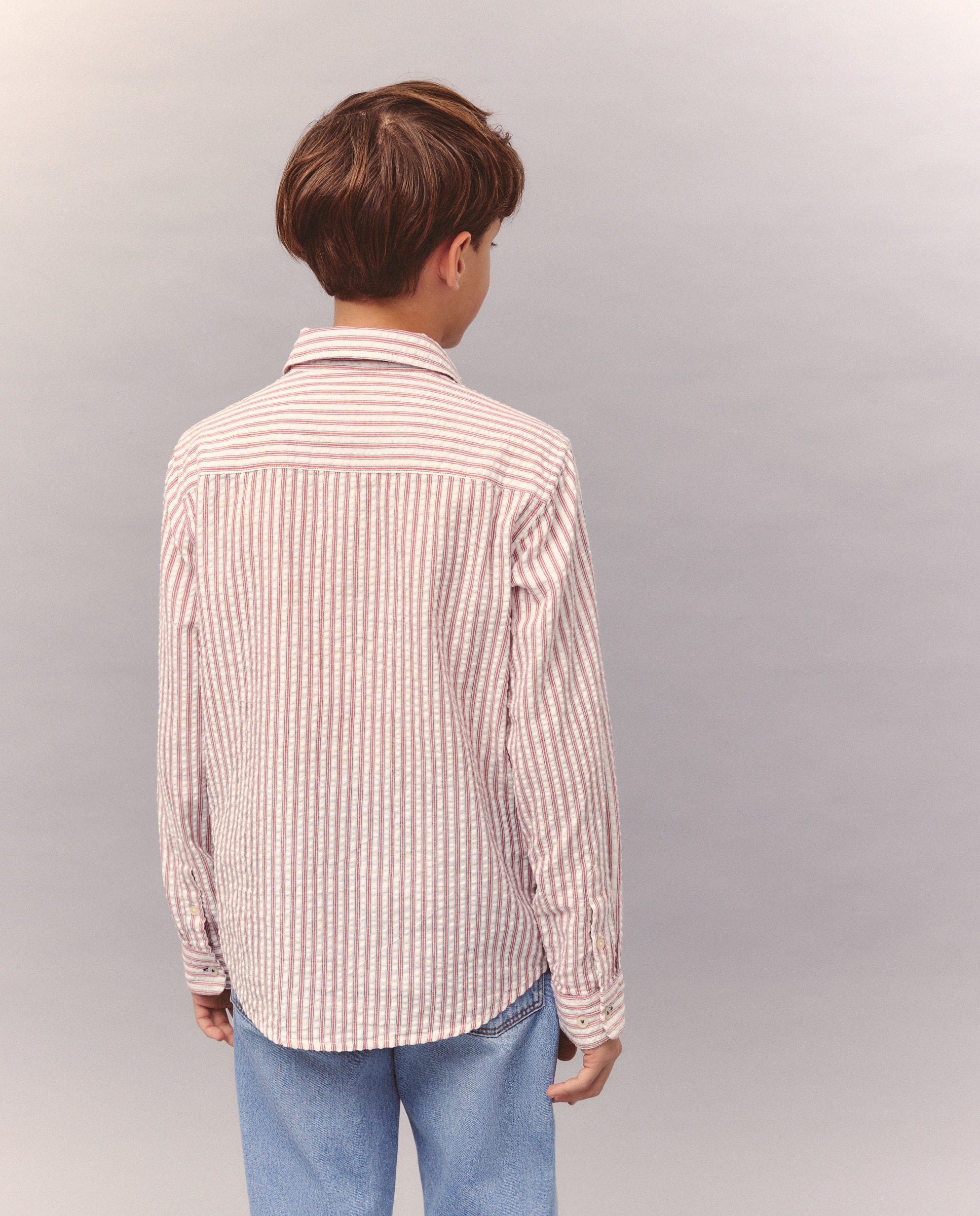 Camisa de Manga Comprida com Risca de Seersucker Vermelho-3