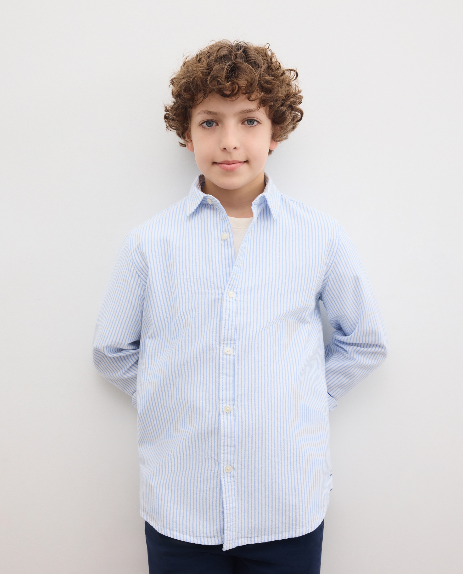 Camisa Oxford de Criança, às Riscas com Manga Comprida Azul-2