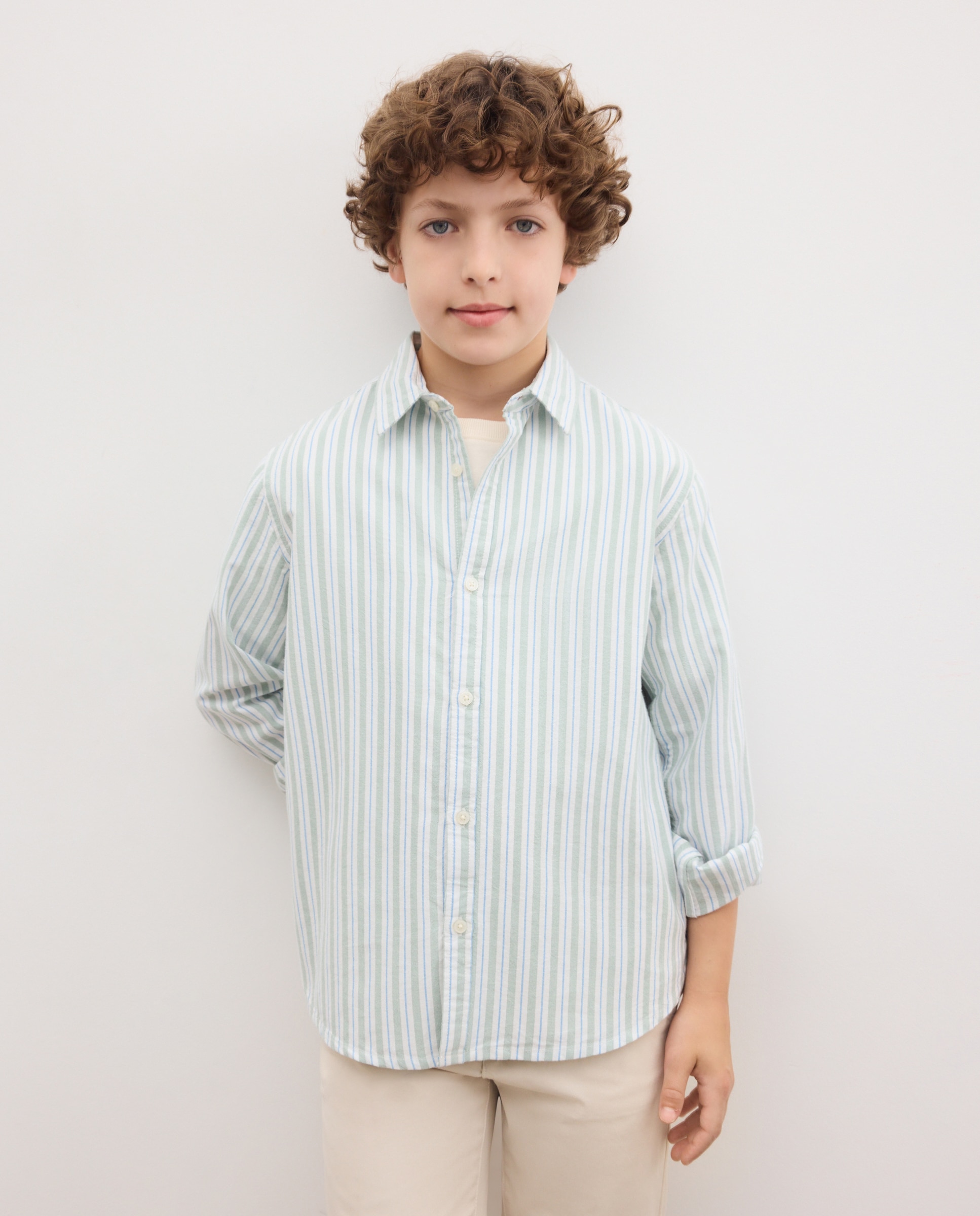 Camisa Oxford de Criança, às Riscas com Manga Comprida Verde-2
