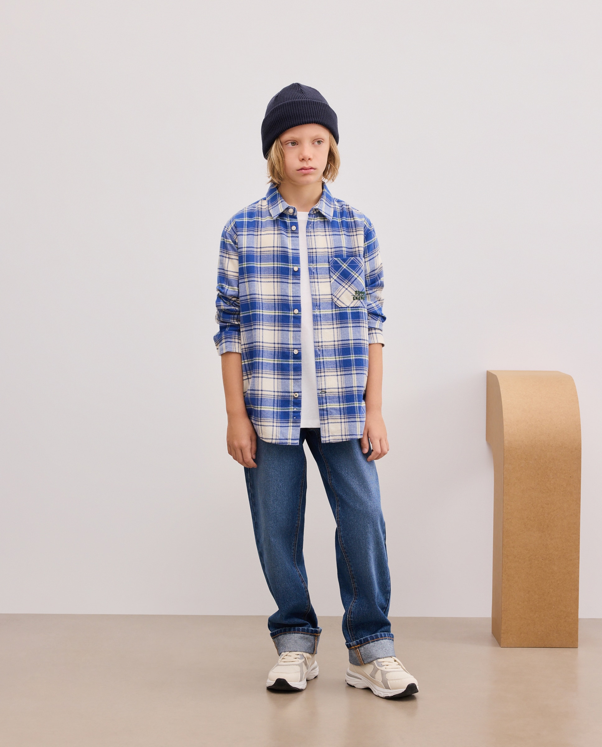 Camisa aos Quadrados de Criança em Flanela e com Manga Comprida Azul-2