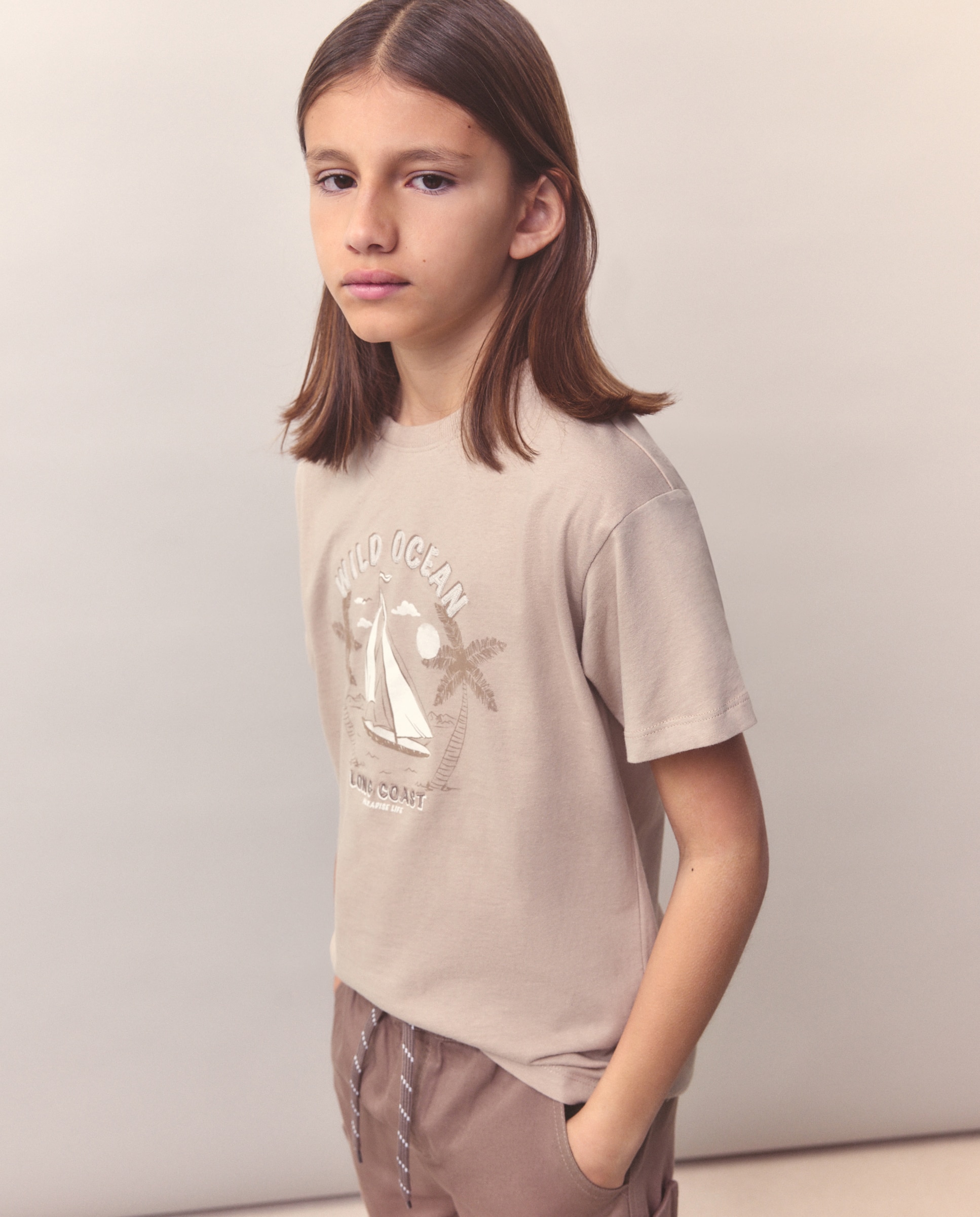 T-shirt de Manga Curta com Bordado Sobre Estampado Kids El Corte Inglés Castanho-1