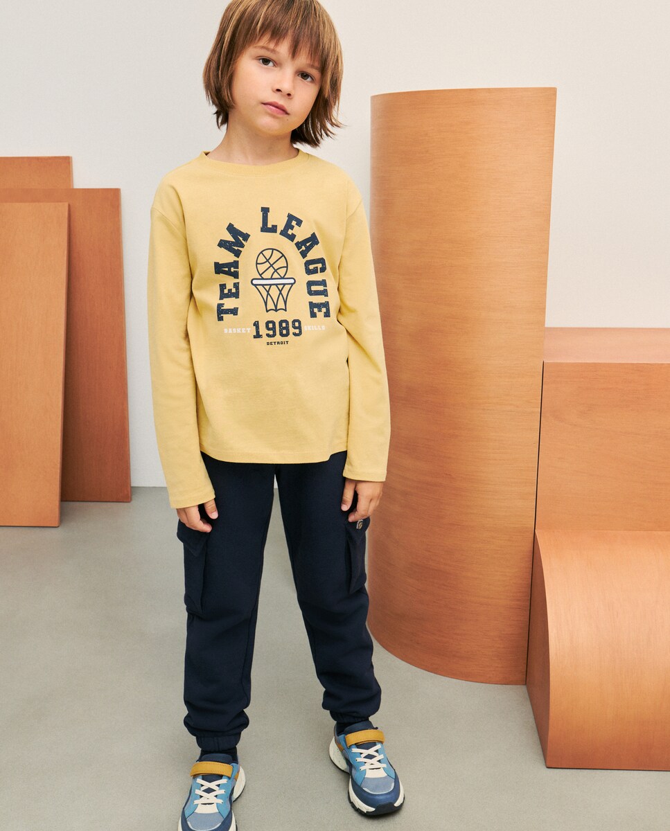 Camisola de Manga Comprida com Estampado Básico Amarelo-2