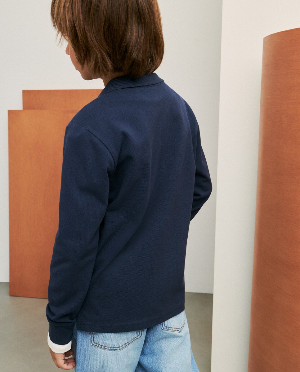 Polo Piqué Liso com Manga Comprida Azul-marinho-3