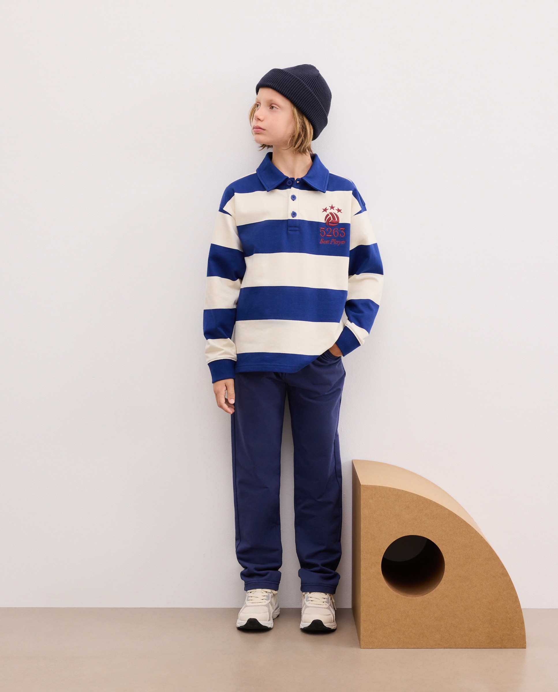 Sweatshirt Fechada às Riscas com Colarinho de Polo Azul-2
