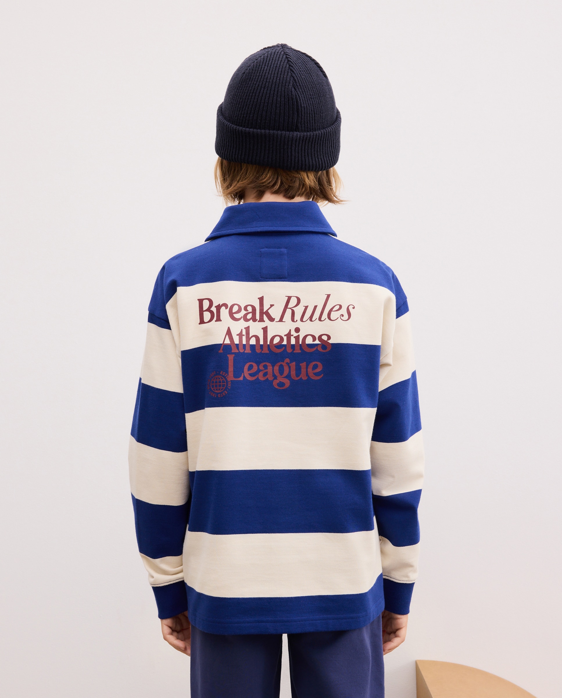 Sweatshirt Fechada às Riscas com Colarinho de Polo Azul-3