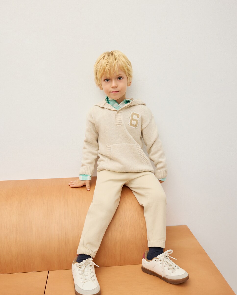 Camisola de Malha de Intársia com Capuz Branco-2