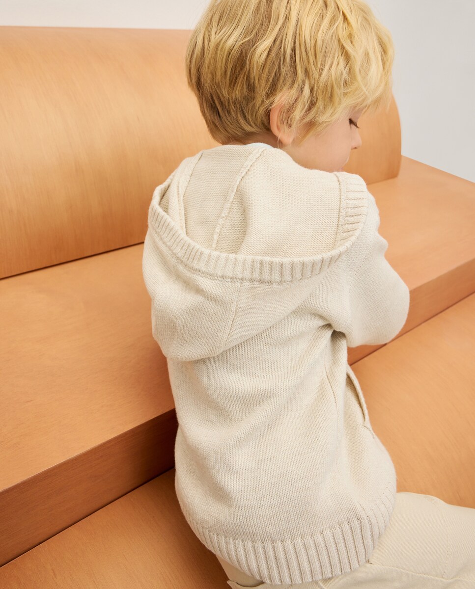 Camisola de Malha de Intársia com Capuz Branco-3