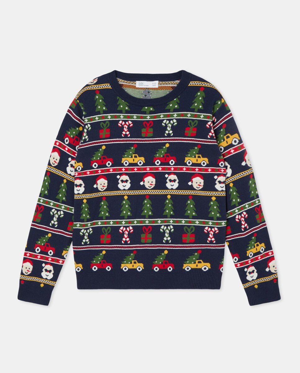 Imagem 0 de Camisola de Malha de Tricot com Decote Redondo com Intársia de Motivos Natalícios