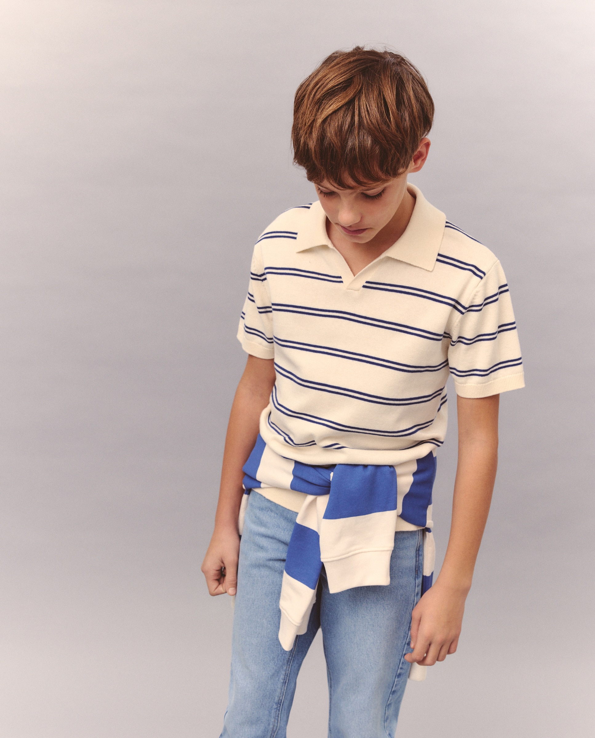 Polo de Tricot às Riscas com Manga Curta Kids El Corte Inglés Branco-2