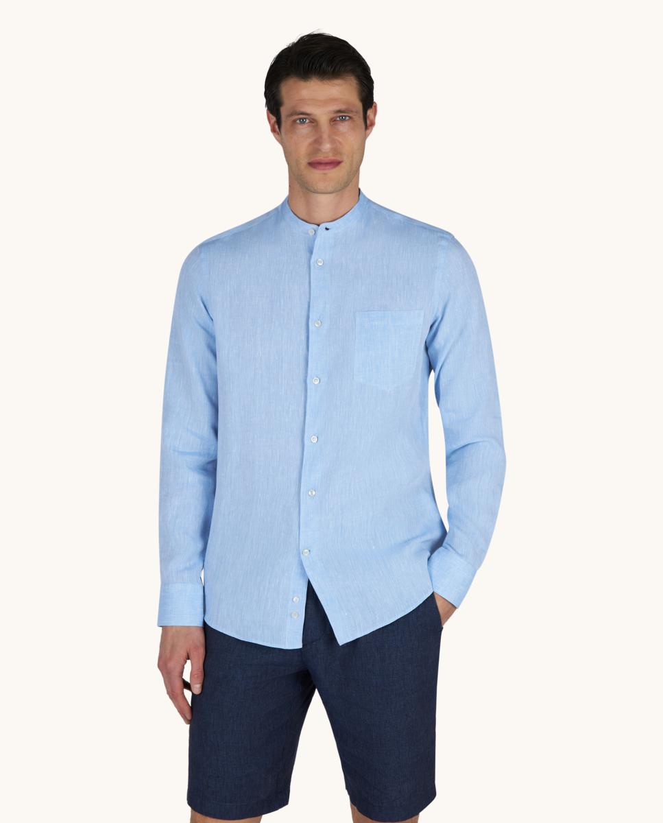 Camisa de Linho com Gola à Padre Azul-claro-1
