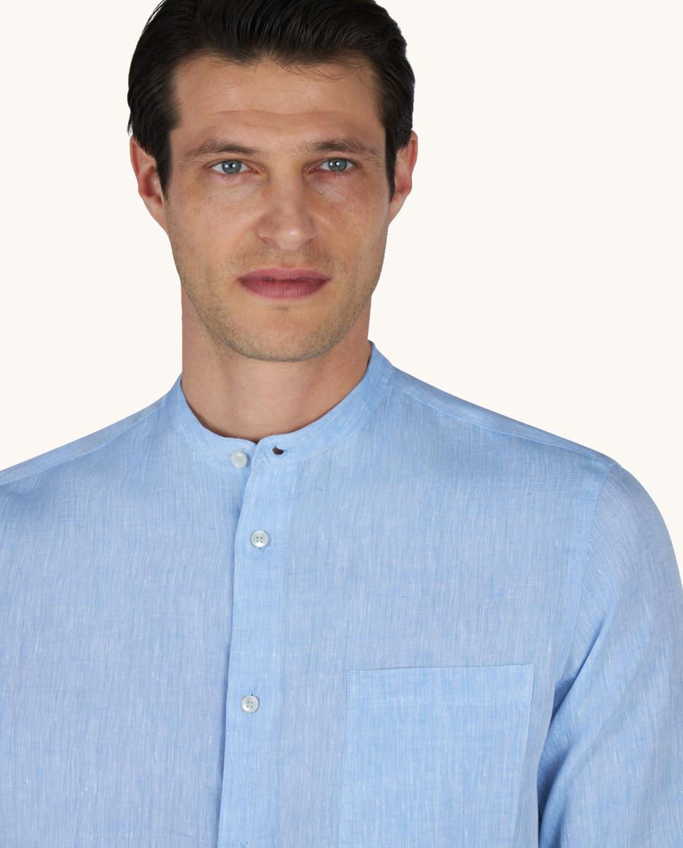 Camisa de Linho com Gola à Padre Azul-claro-3