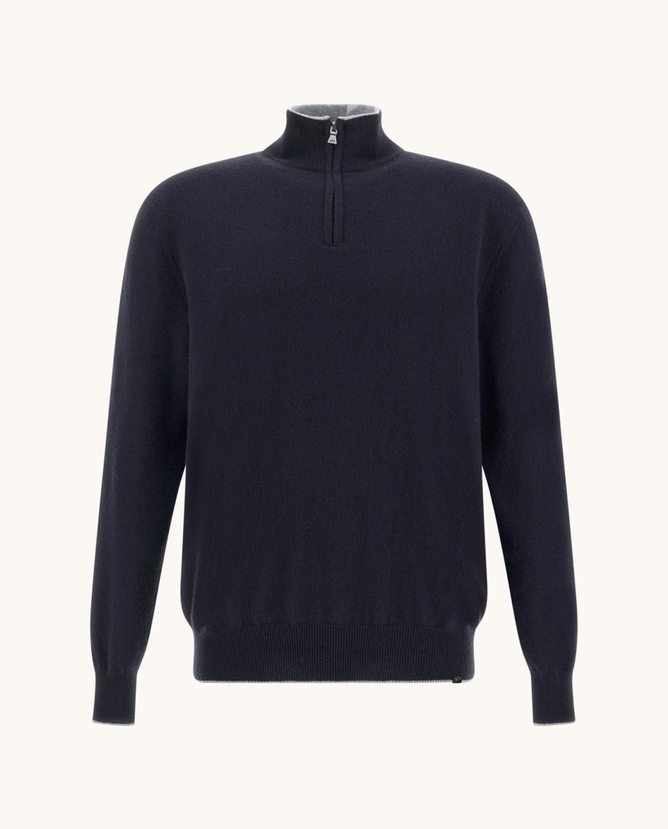 Jerséis cashmere de hombre media cremallera con ribete cuello en constrate - Paul & Shark - Azul marino Azul marino-1