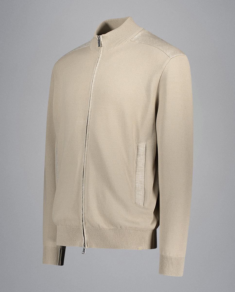 Cardigan com Fecho de Correr e Inserções de Linho Bege-3