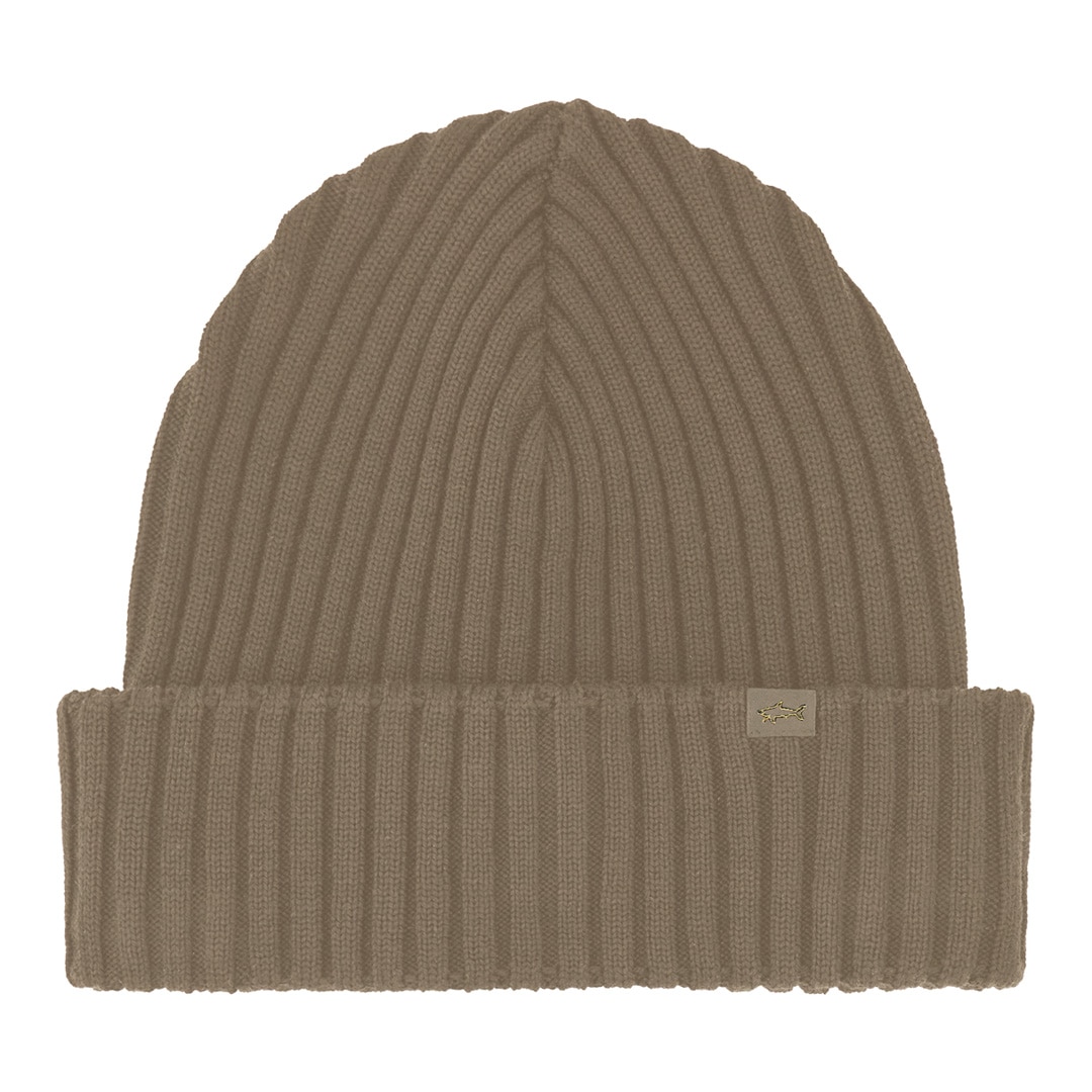 Gorro de Malha Canelada de Lã Técnica com Mini Etiqueta com Logótipo Bege-2