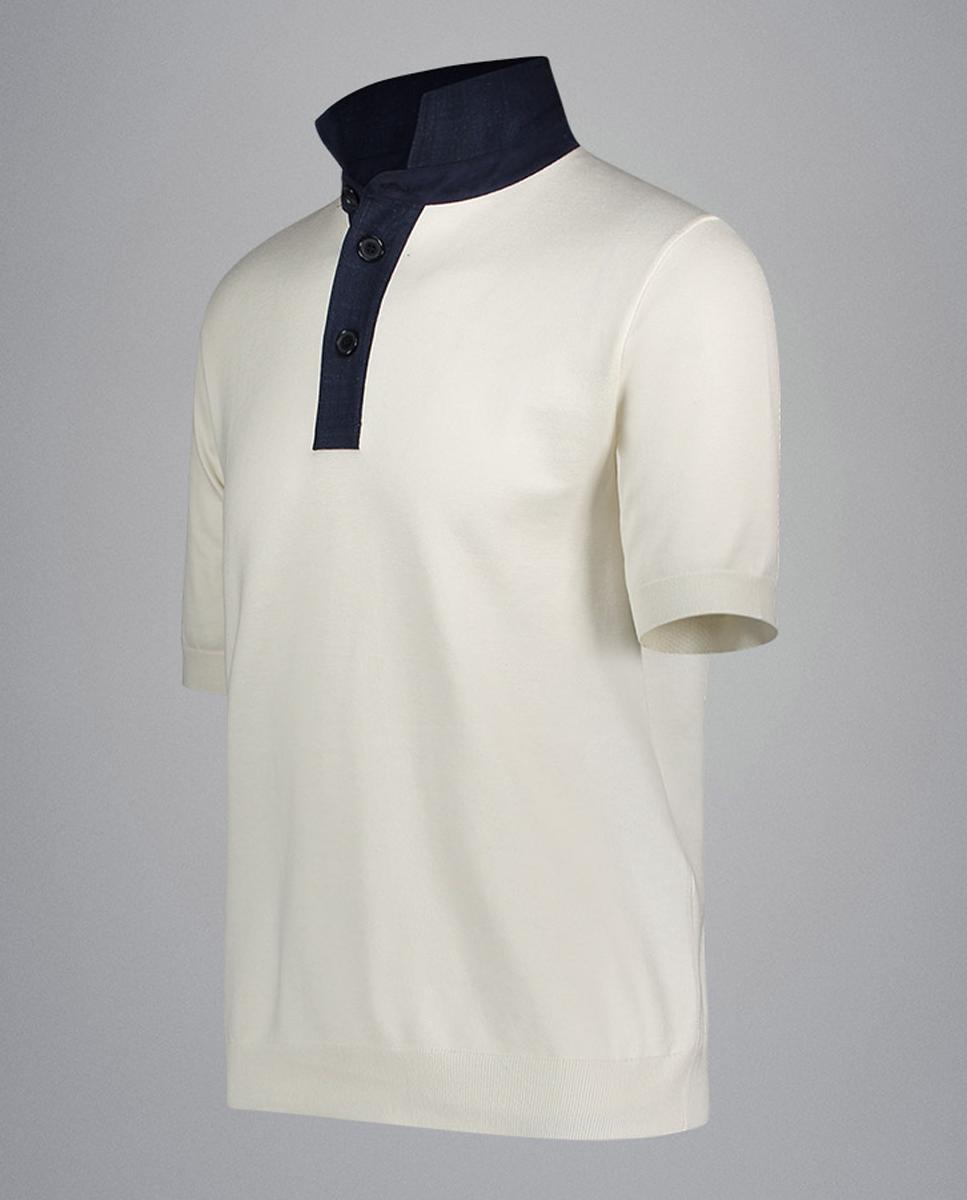 Polo de Tricot de Seda-Algodão com Manga Curta Branco-3