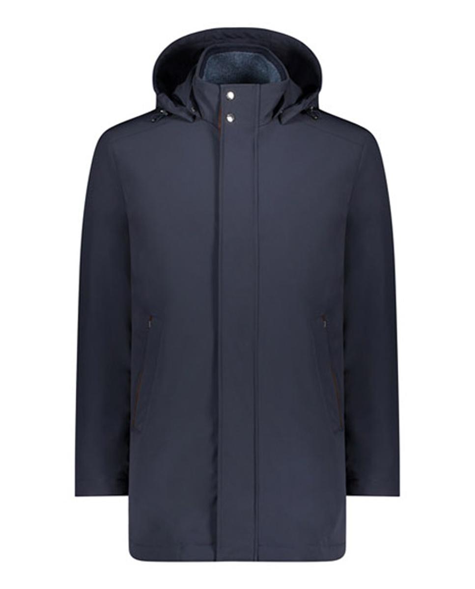 Imagen 0 de Chaquetón de hombre con capucha desmontable vivos en piel y cuello interior en punto Azul marino