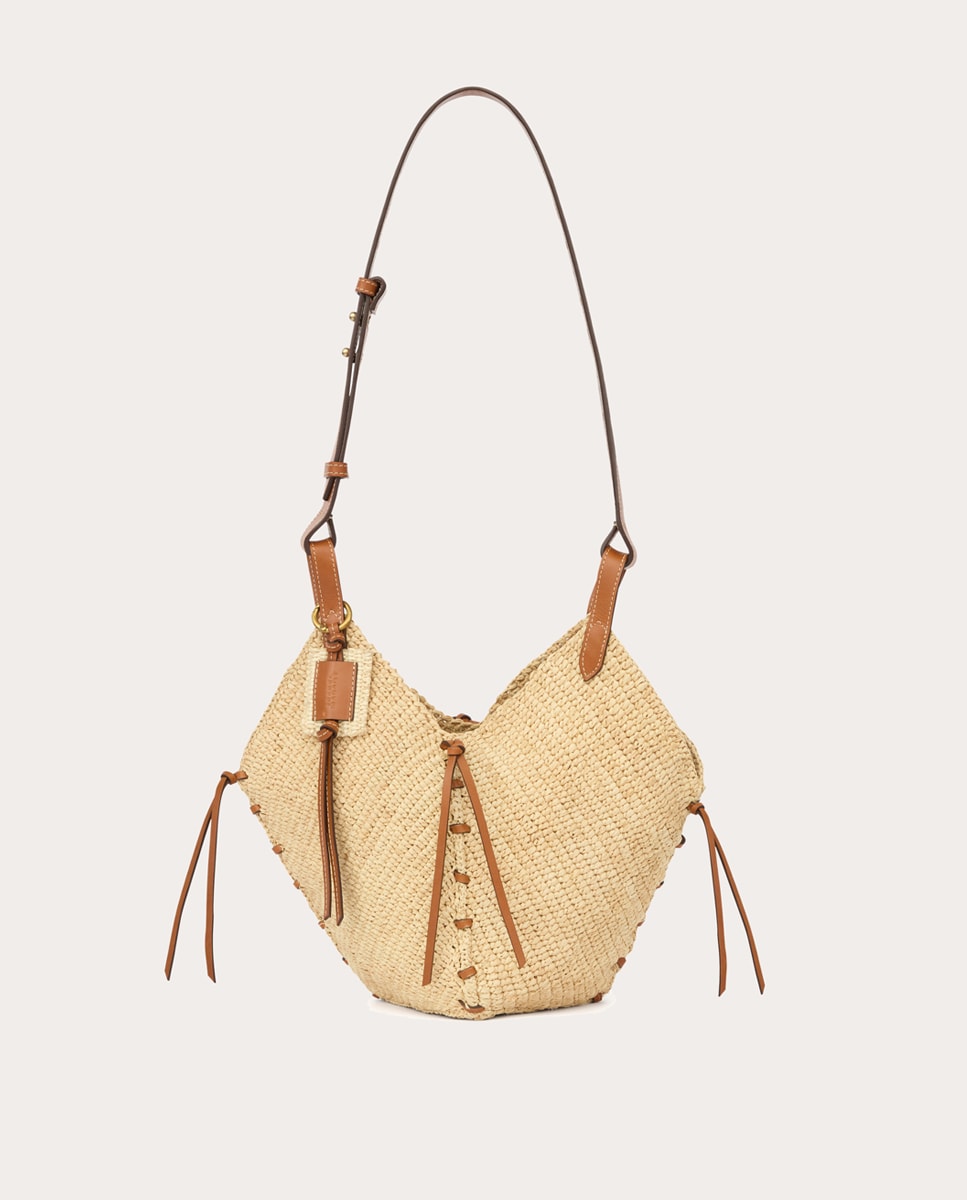 Mala de Ombro Mini Tampa de Ráfia Bege-1