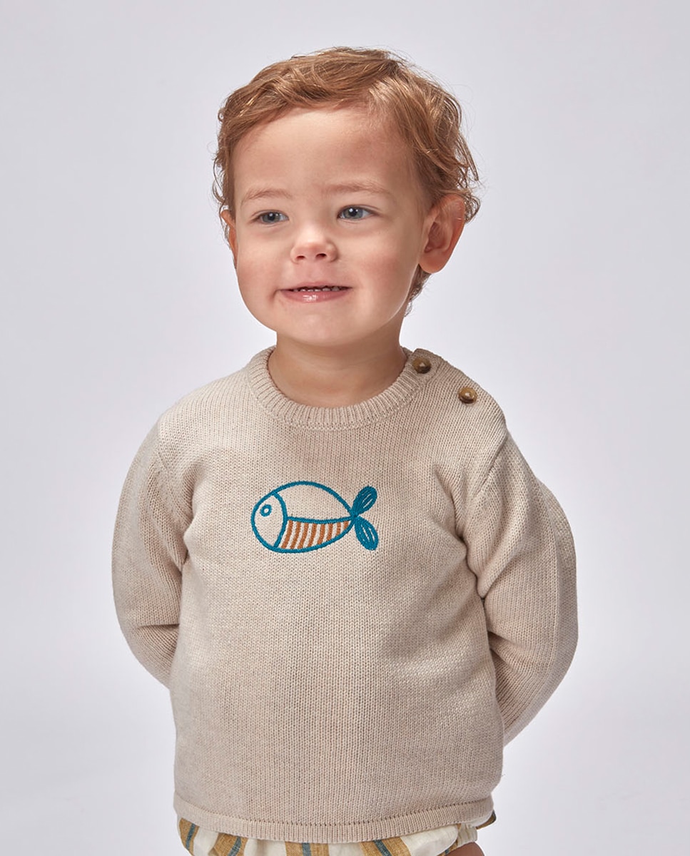 Camisola de Malha com Bordado de Peixe Gocco Pedra-1