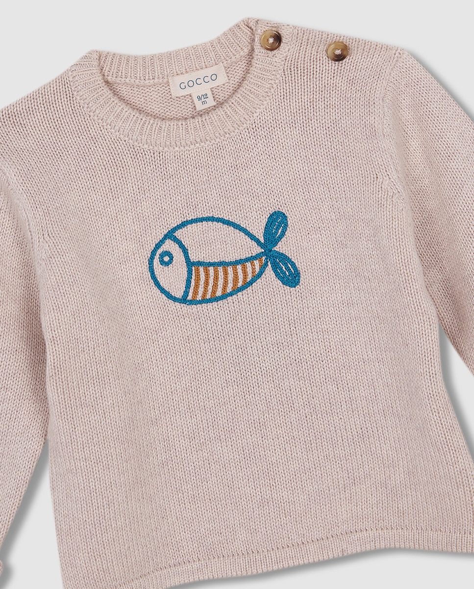 Camisola de Malha com Bordado de Peixe Gocco Pedra-4