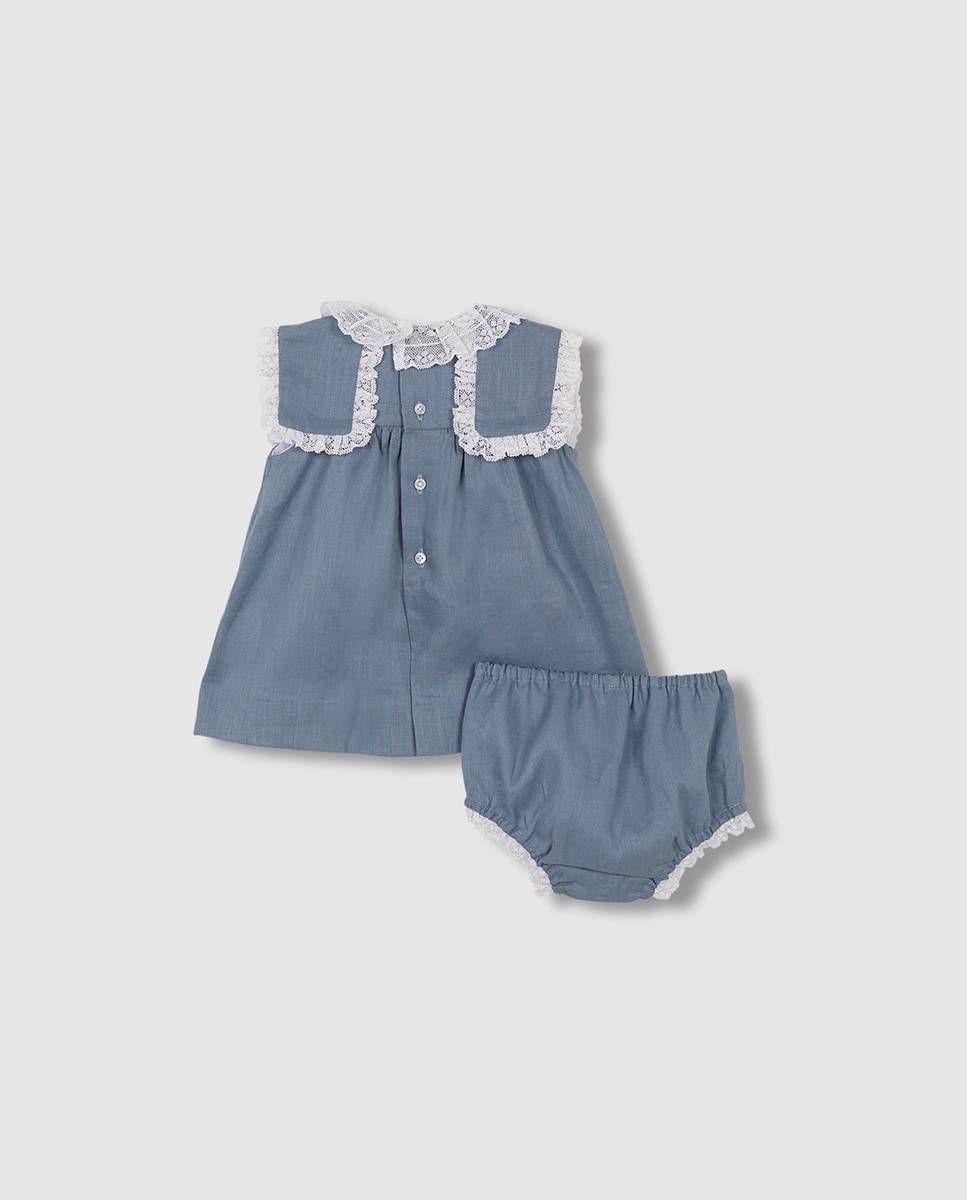 Vestido de Bebé com Tiras Bordadas e em Linho Azul-4