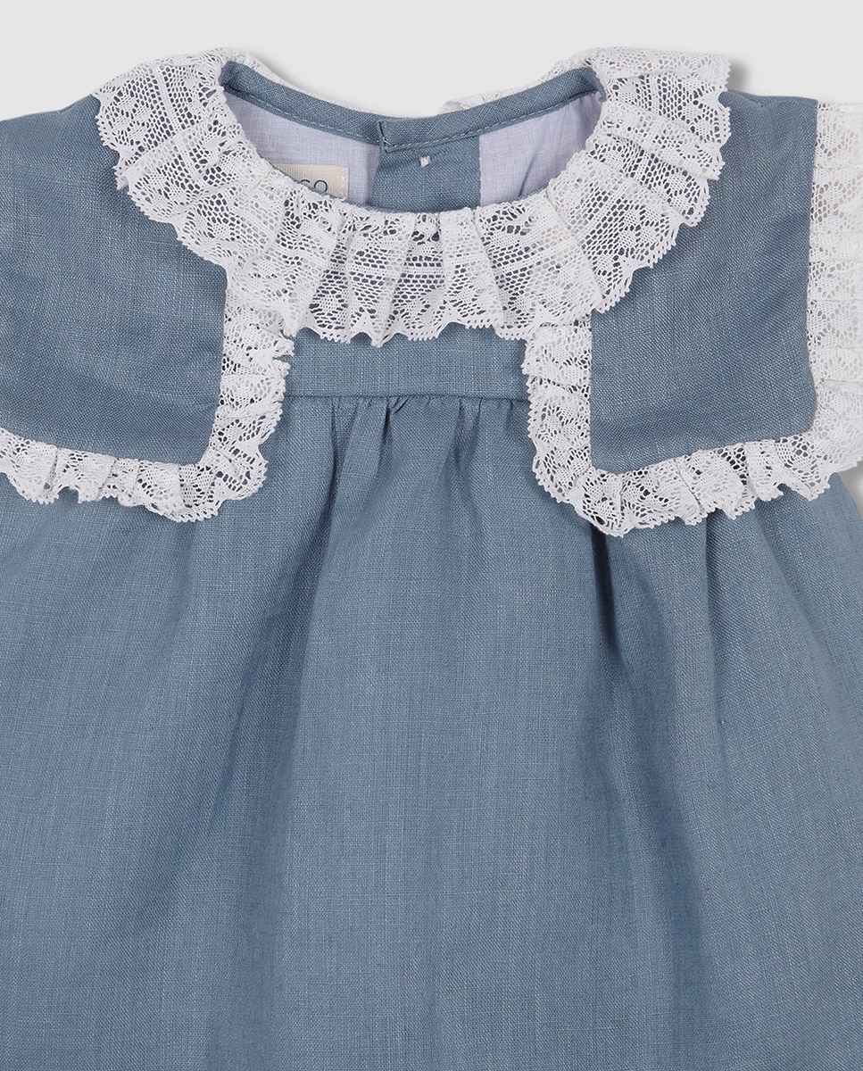 Vestido de Bebé com Tiras Bordadas e em Linho Azul-5