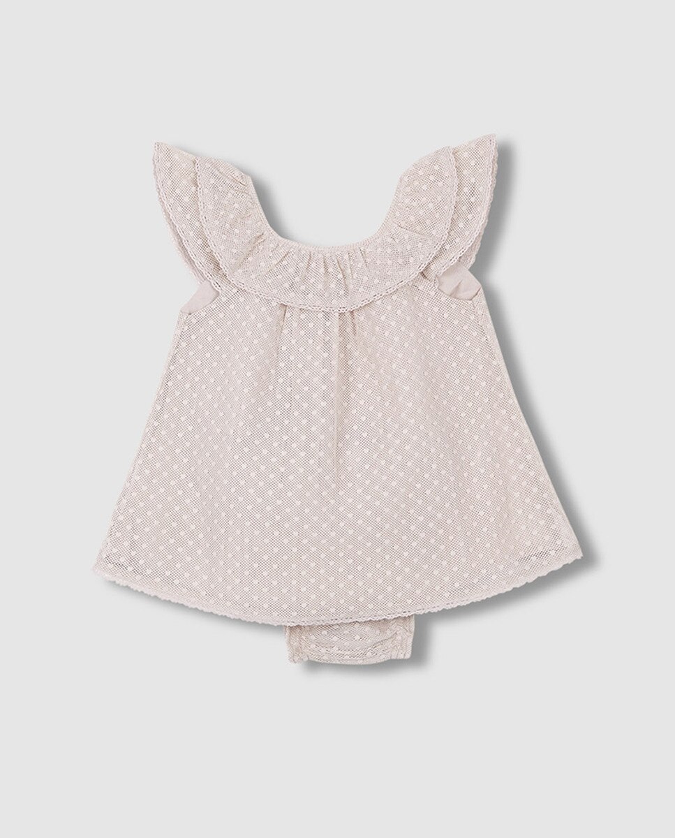 Vestido de Bebé com Tiras Bordadas e em Tule Natural-3
