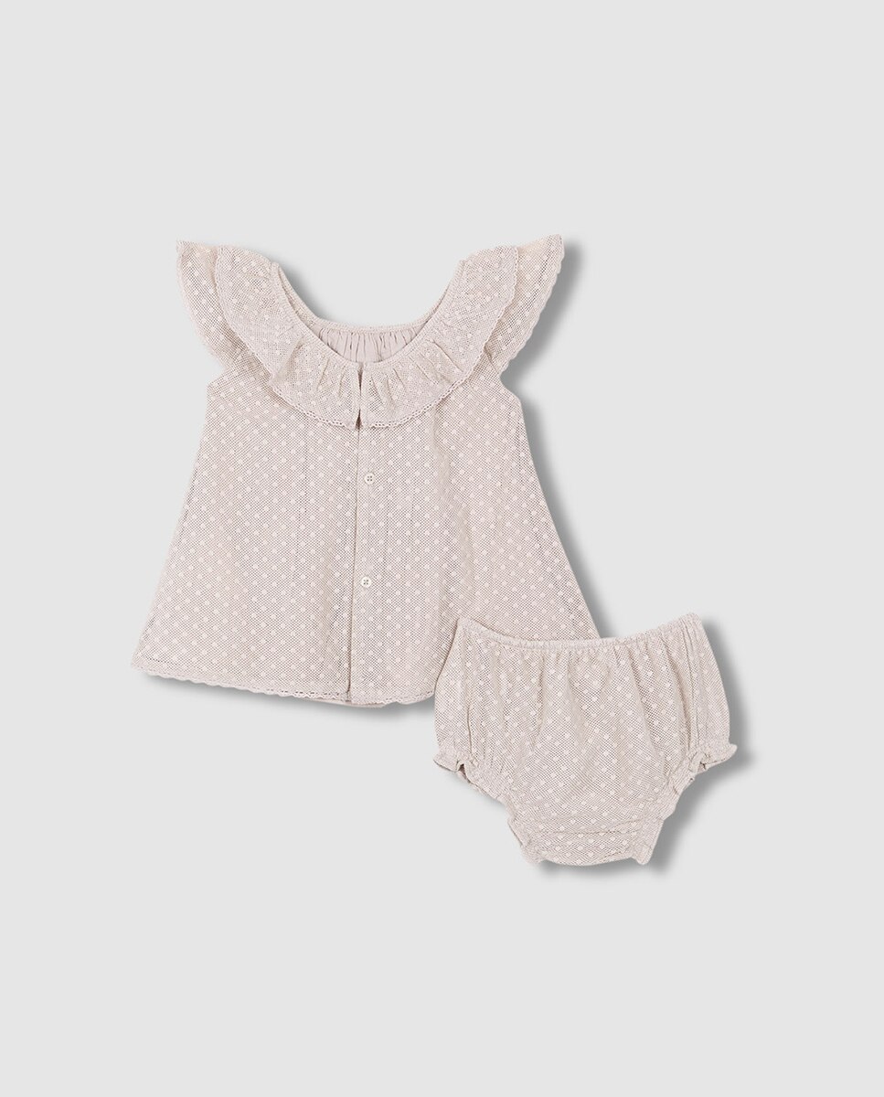Vestido de Bebé com Tiras Bordadas e em Tule Natural-4