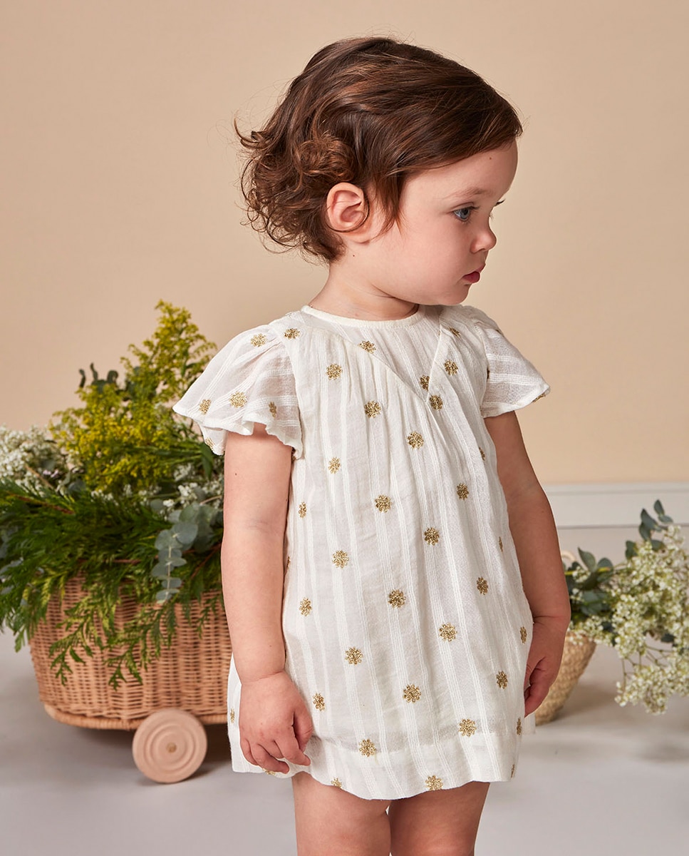 Vestido Dobby com Bordados - Branco e Dourado Nude-1