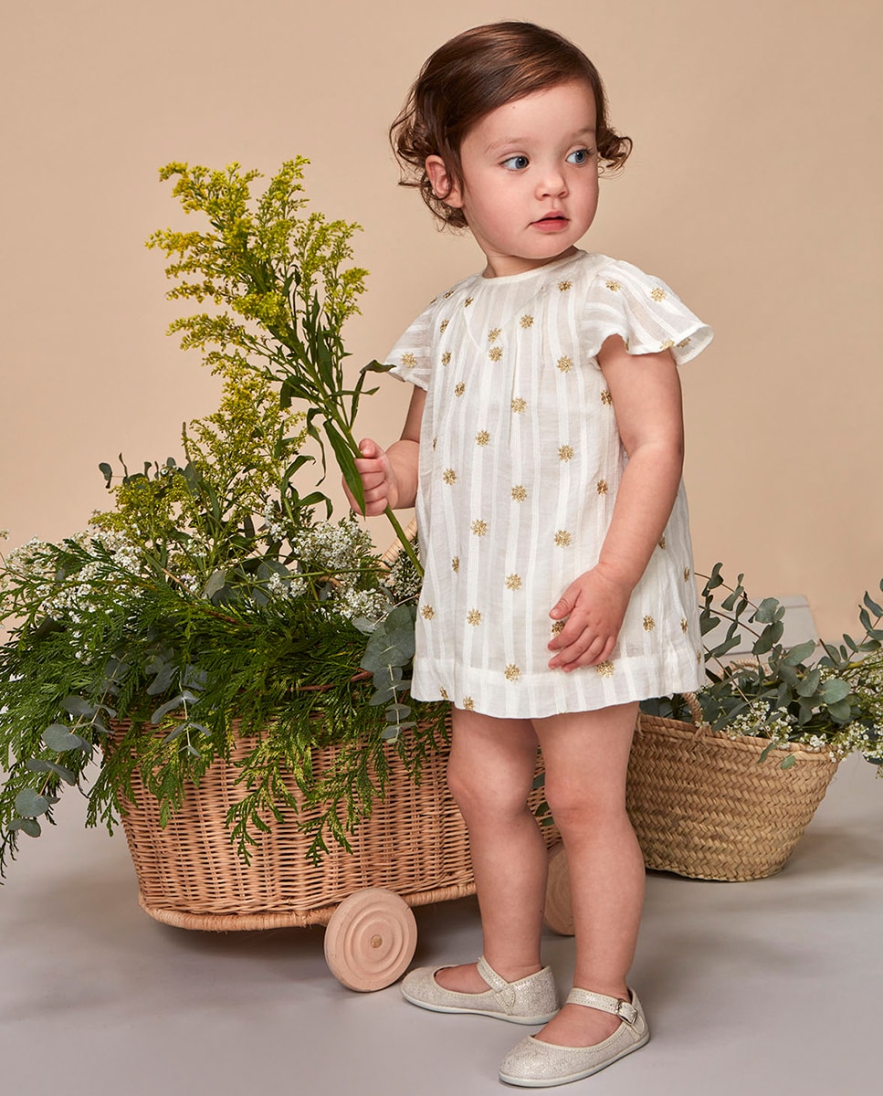 Vestido Dobby com Bordados - Branco e Dourado Nude-2