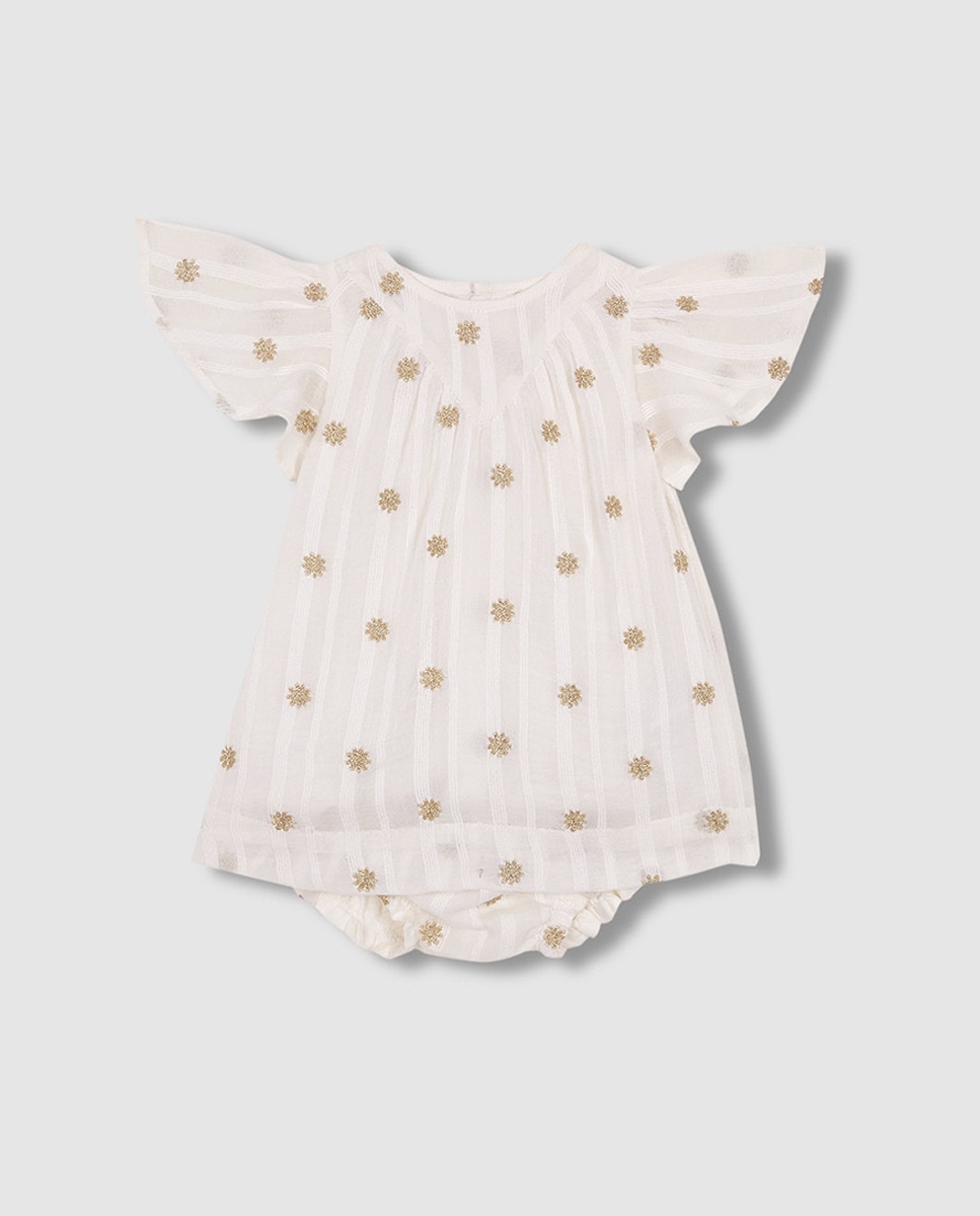 Vestido Dobby com Bordados - Branco e Dourado Nude-3