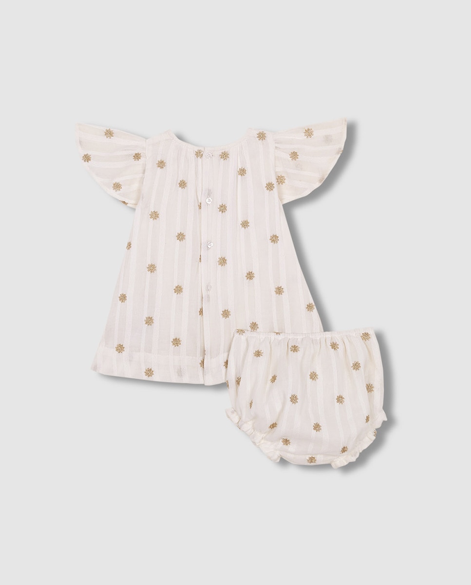 Vestido Dobby com Bordados - Branco e Dourado Nude-4