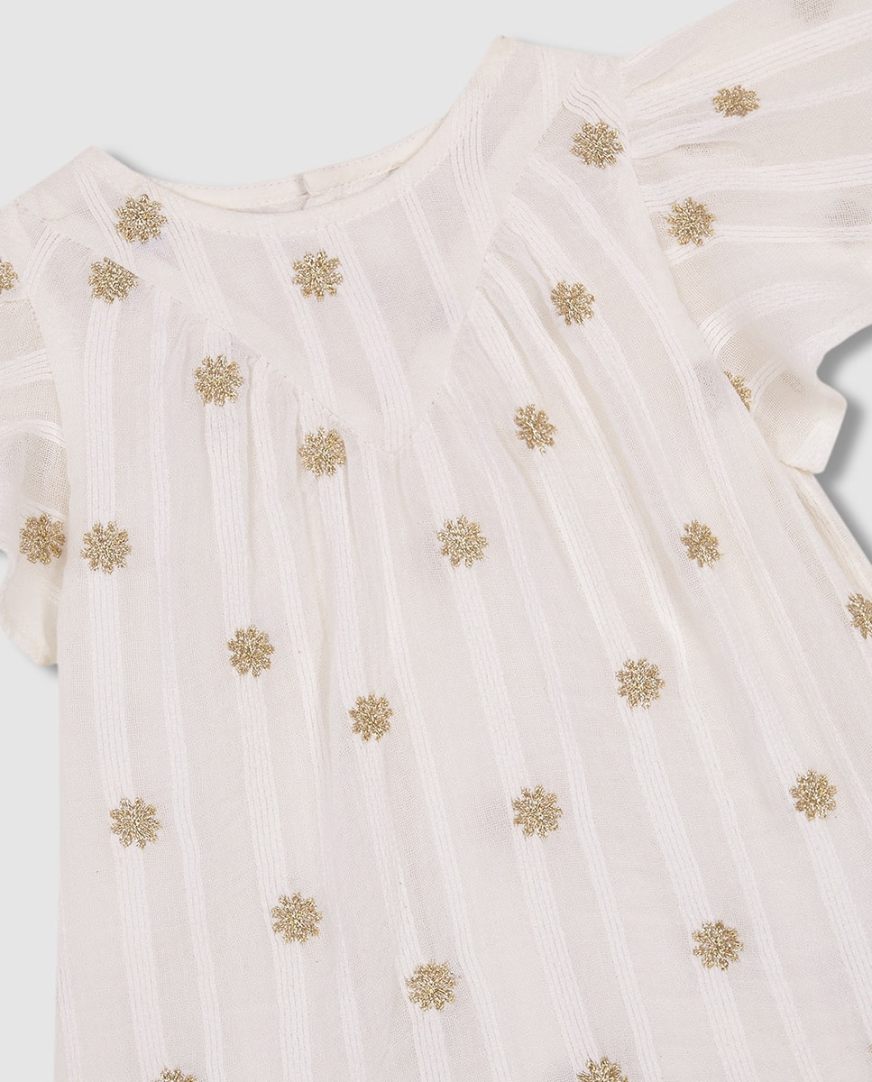 Vestido Dobby com Bordados - Branco e Dourado Nude-5