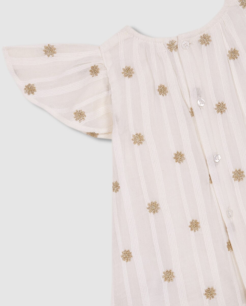 Vestido Dobby com Bordados - Branco e Dourado Nude-6