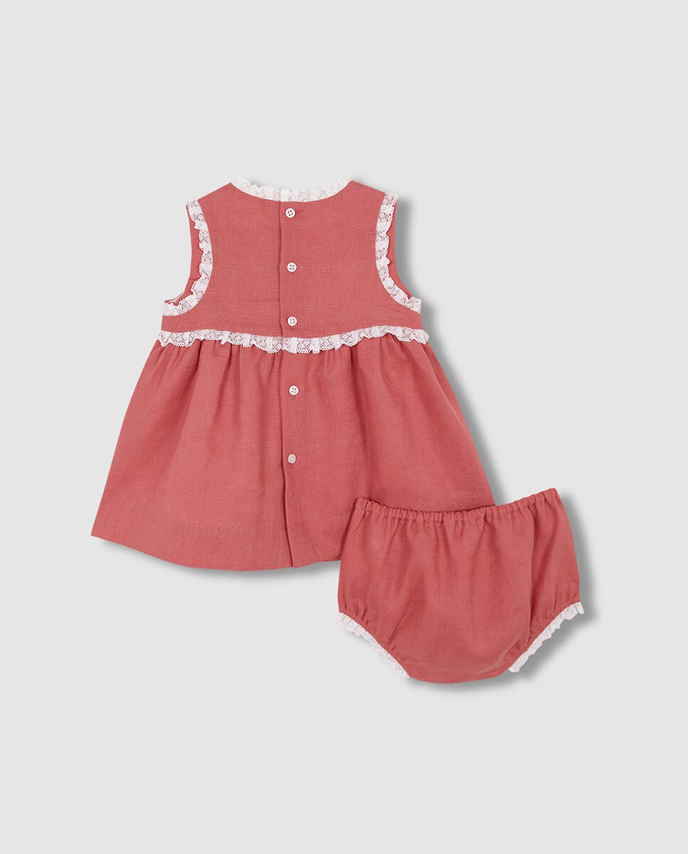 Vestido de Linho com Tiras Bordadas Nude-4