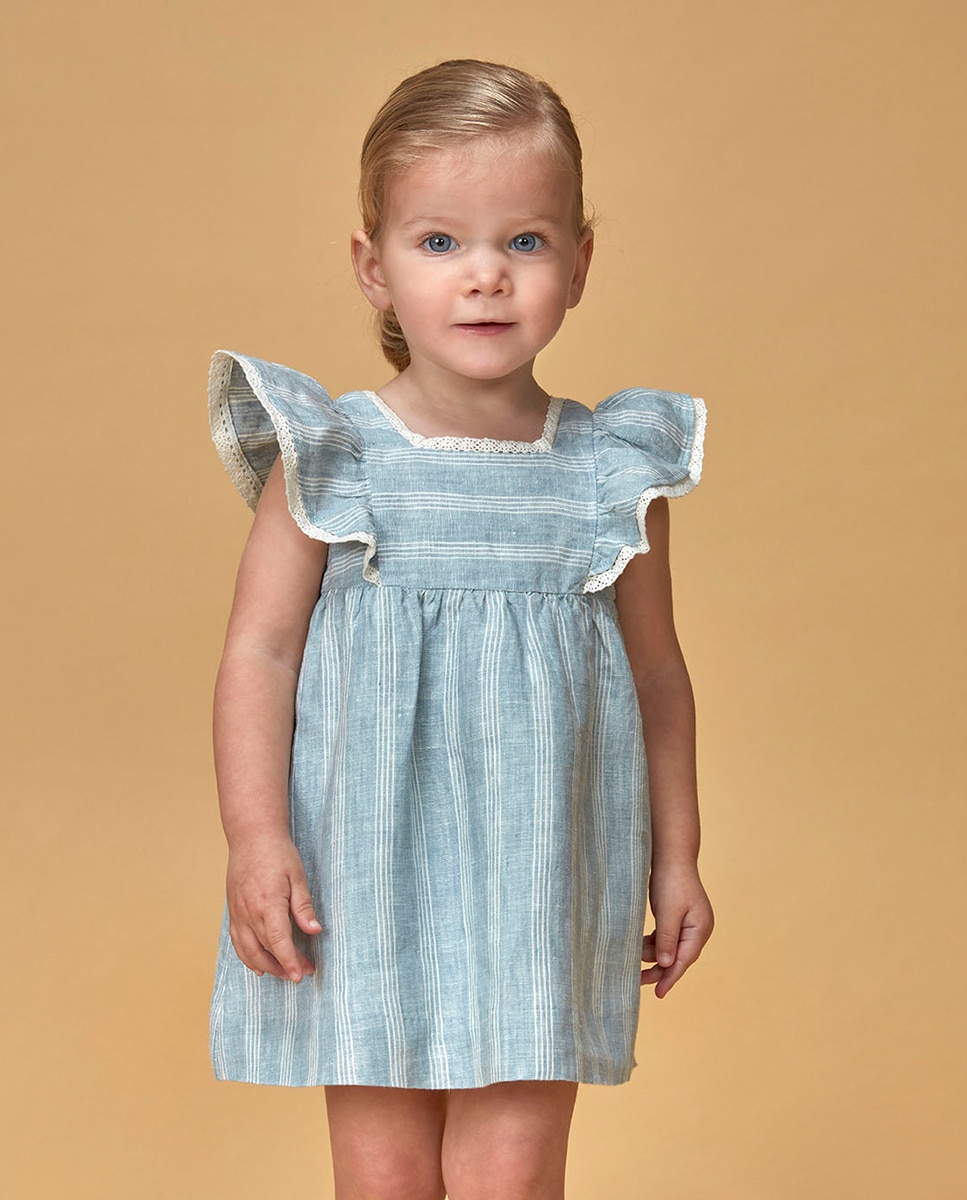 Vestido às Riscas de Linho Azul-1