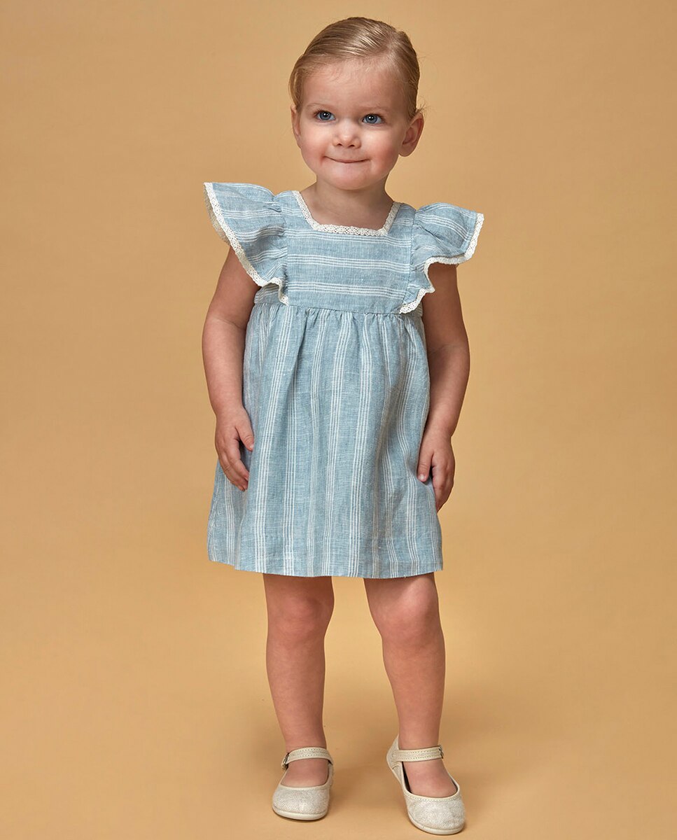 Vestido às Riscas de Linho Azul-2