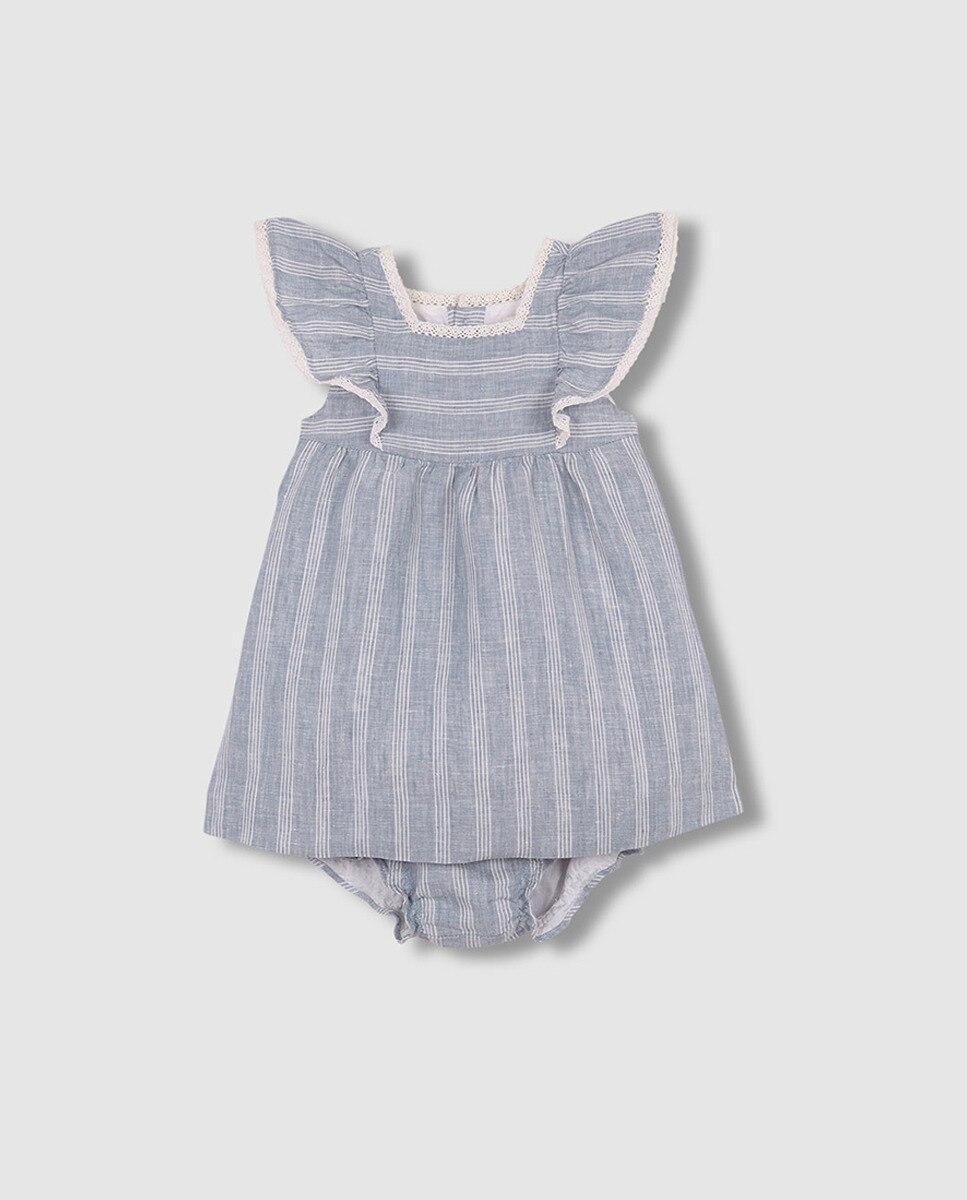 Vestido às Riscas de Linho Azul-3