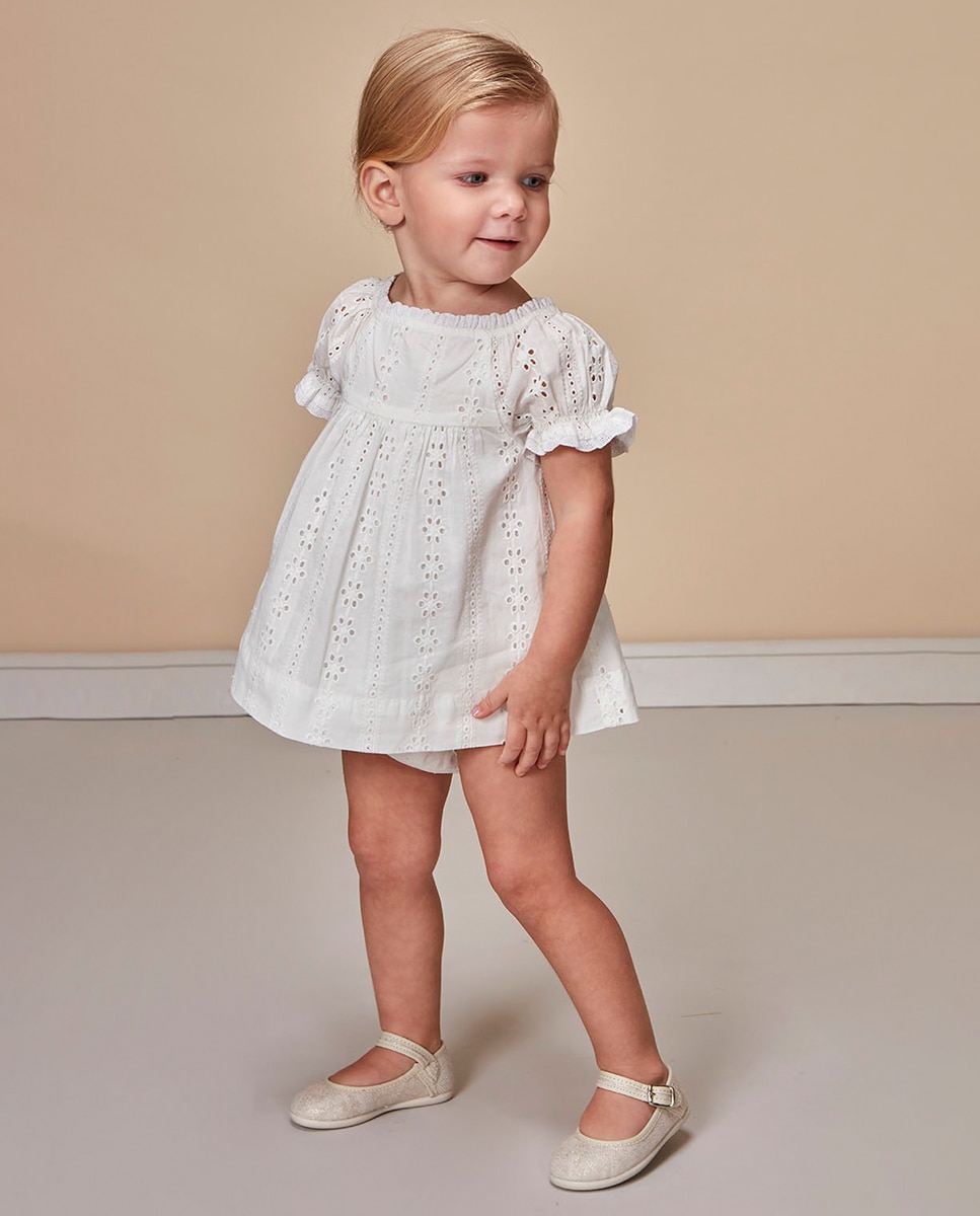 Vestido de Openwork Engomado Branco-1