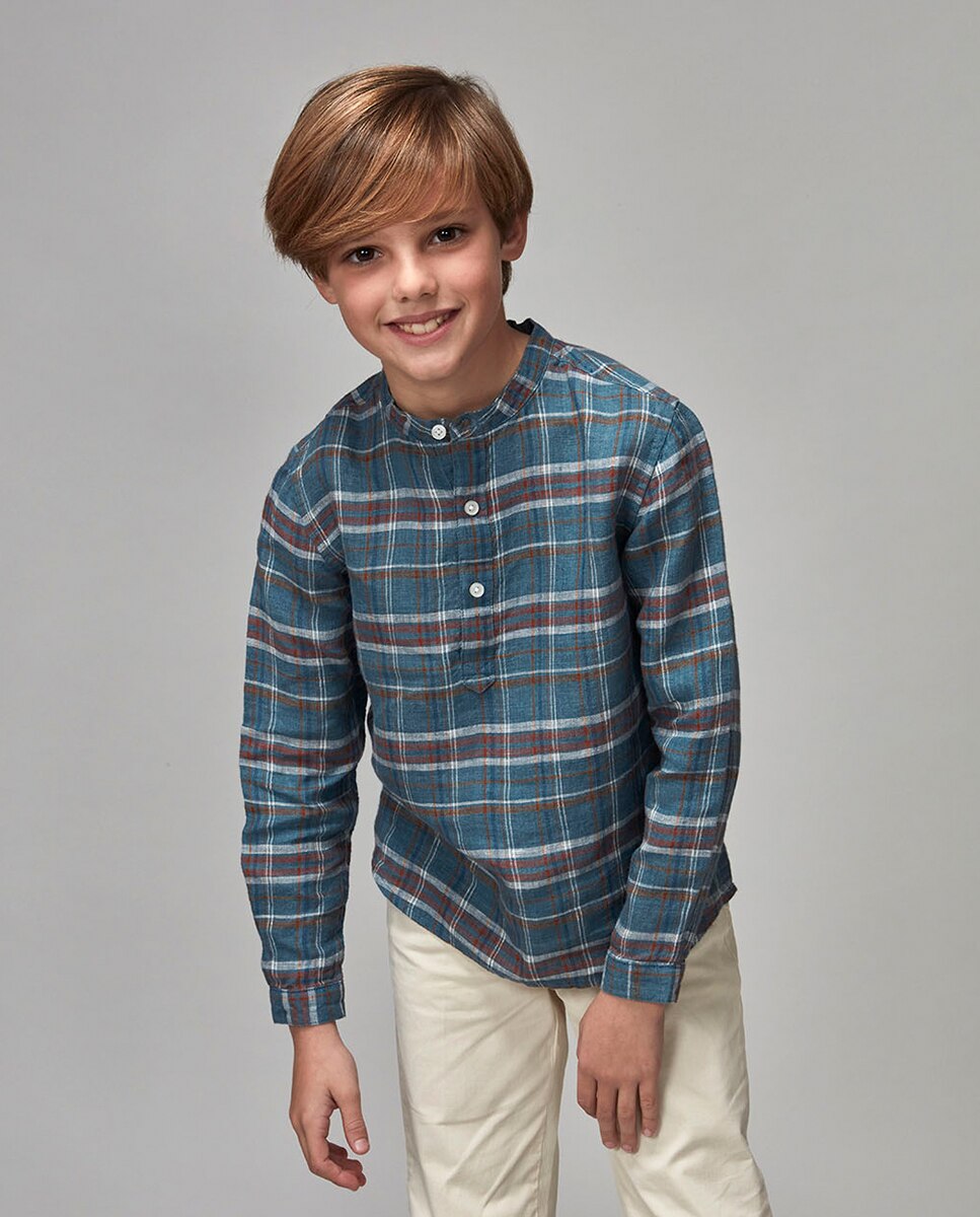 Camisa aos Quadrados com Gola à Padre Azul-1