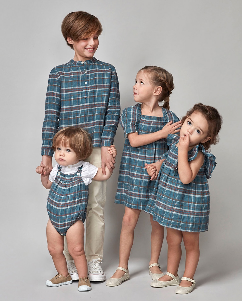 Camisa aos Quadrados com Gola à Padre Azul-2