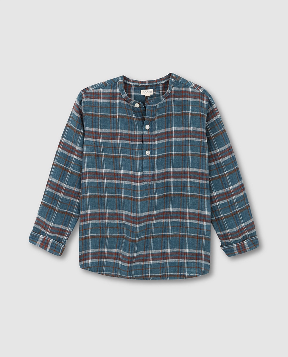 Camisa aos Quadrados com Gola à Padre Azul-3