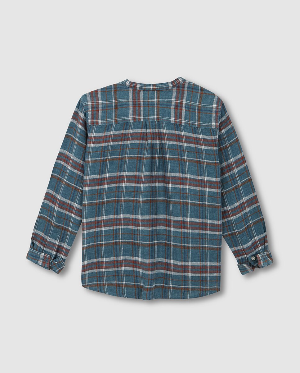 Camisa aos Quadrados com Gola à Padre Azul-4