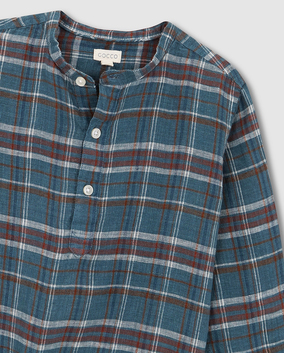 Camisa aos Quadrados com Gola à Padre Azul-5