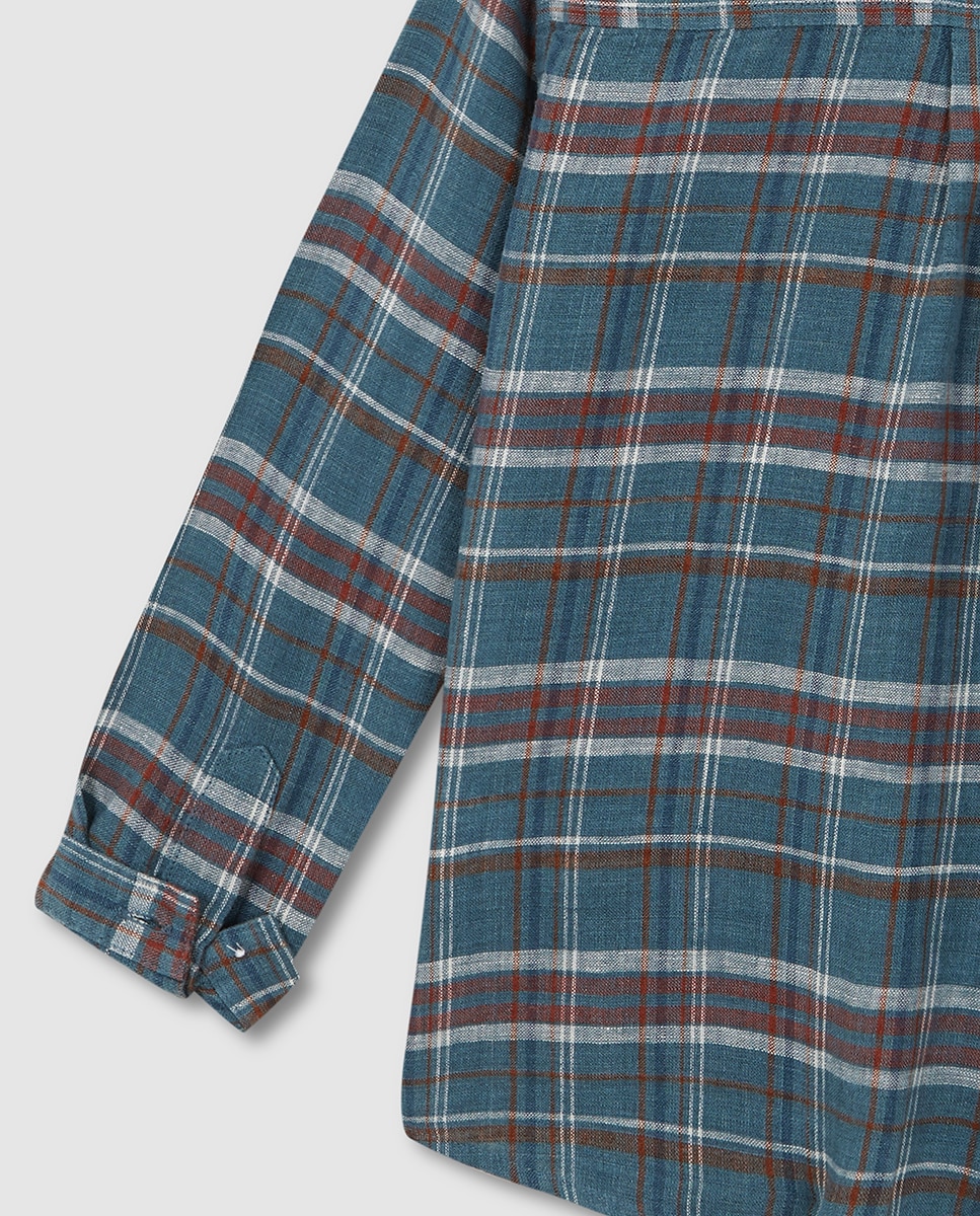 Camisa aos Quadrados com Gola à Padre Azul-6