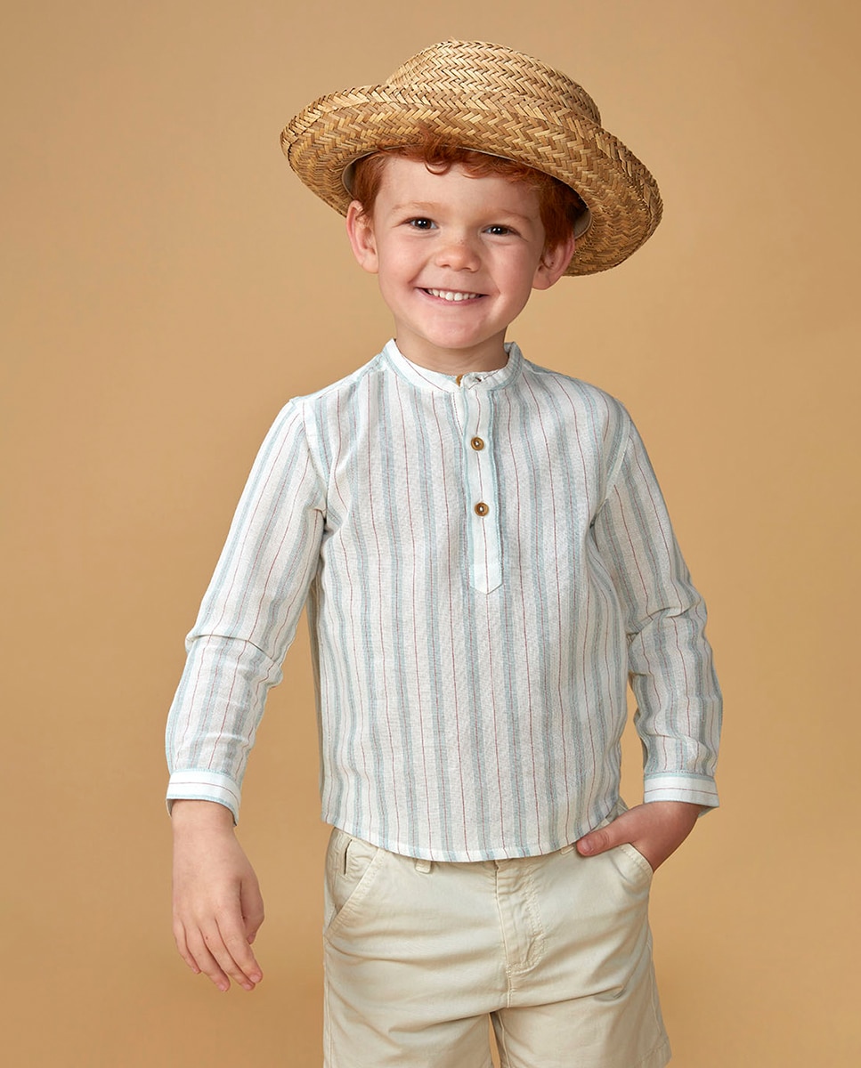 Camisa de Gola à Padre às Riscas Pedra-1
